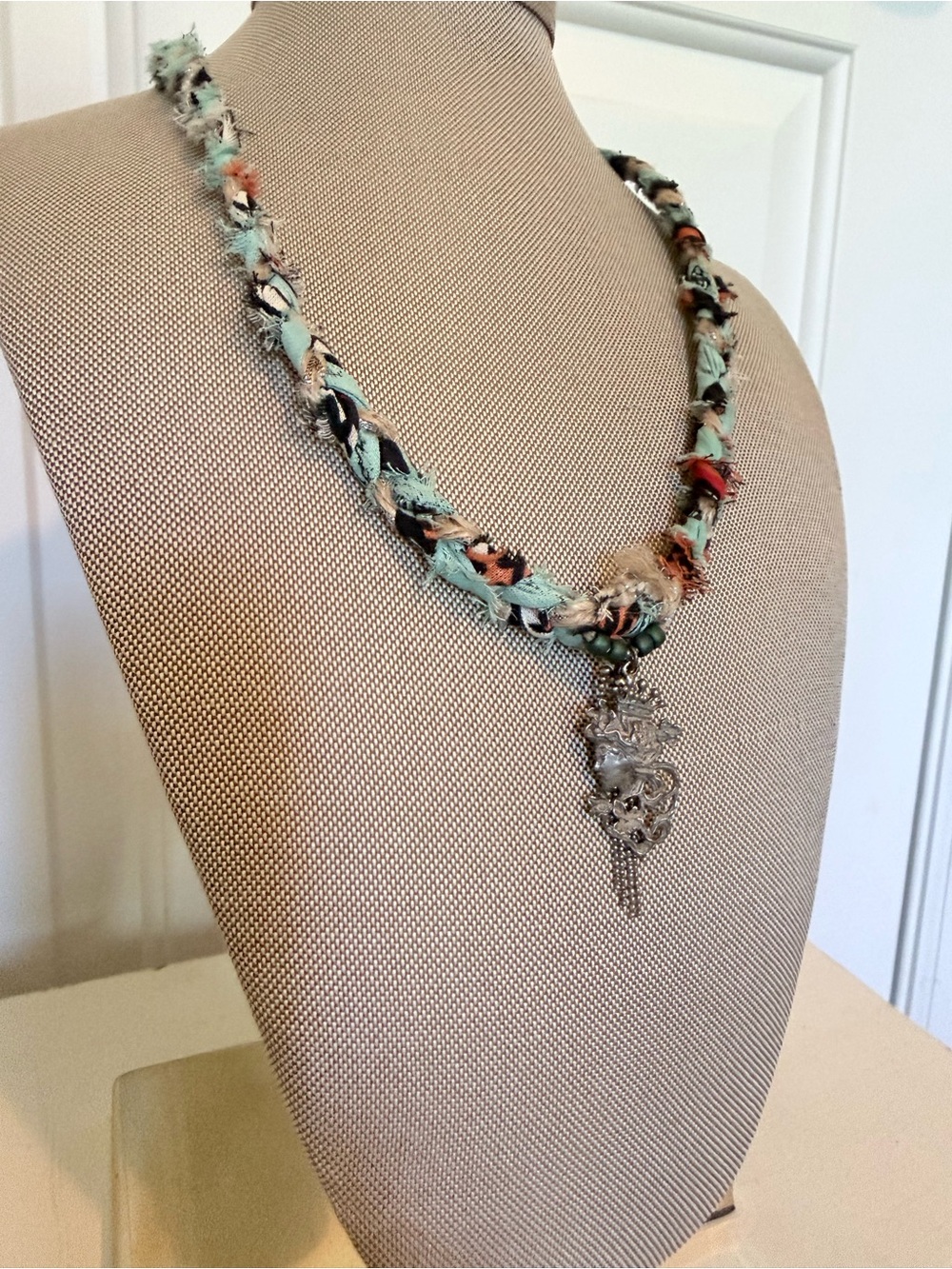 Handmade Mint & Coral Braided Fabric Necklace with Silver Pendant